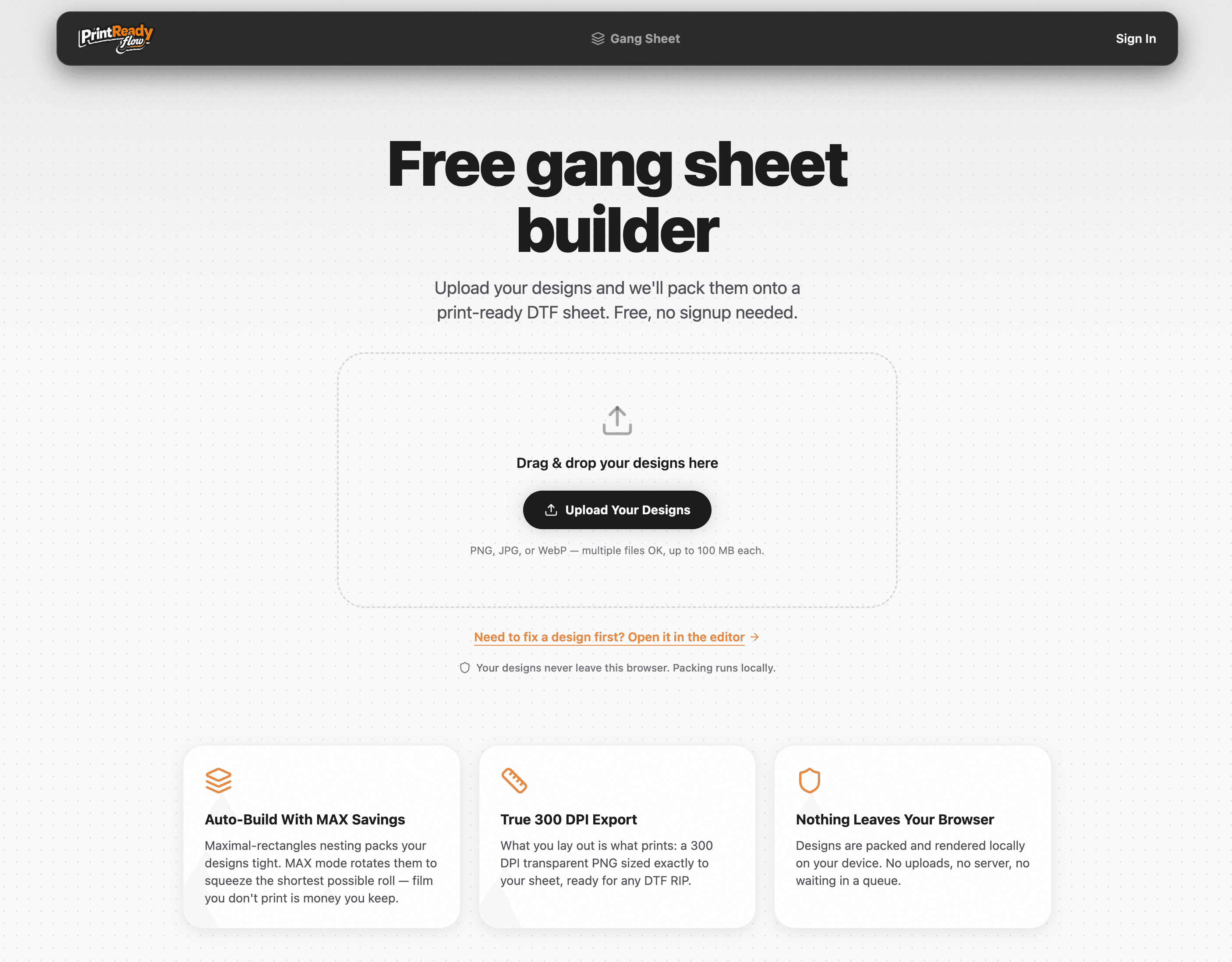 The free gang sheet builder — drag and drop designs, packed onto a print-ready DTF sheet